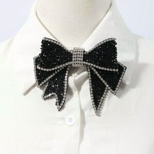 NWT Black Hand-Beaded Crystal Rhinestone Bow Tie Broach